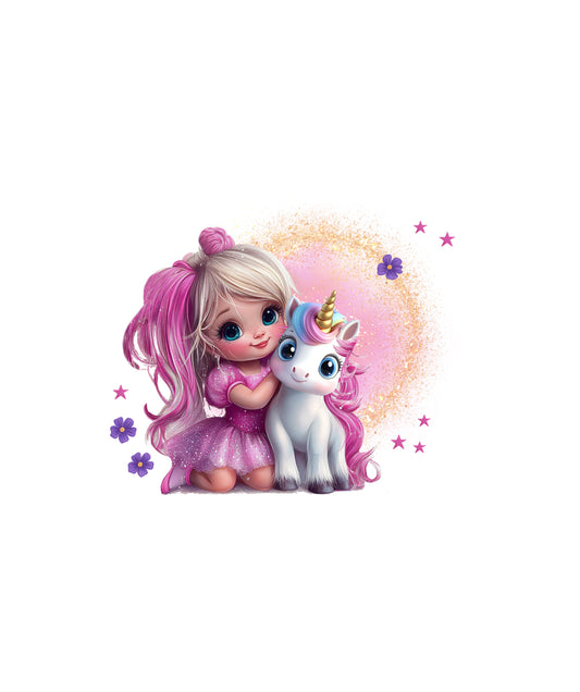 Bügelbild „Mädchen mit Einhorn“